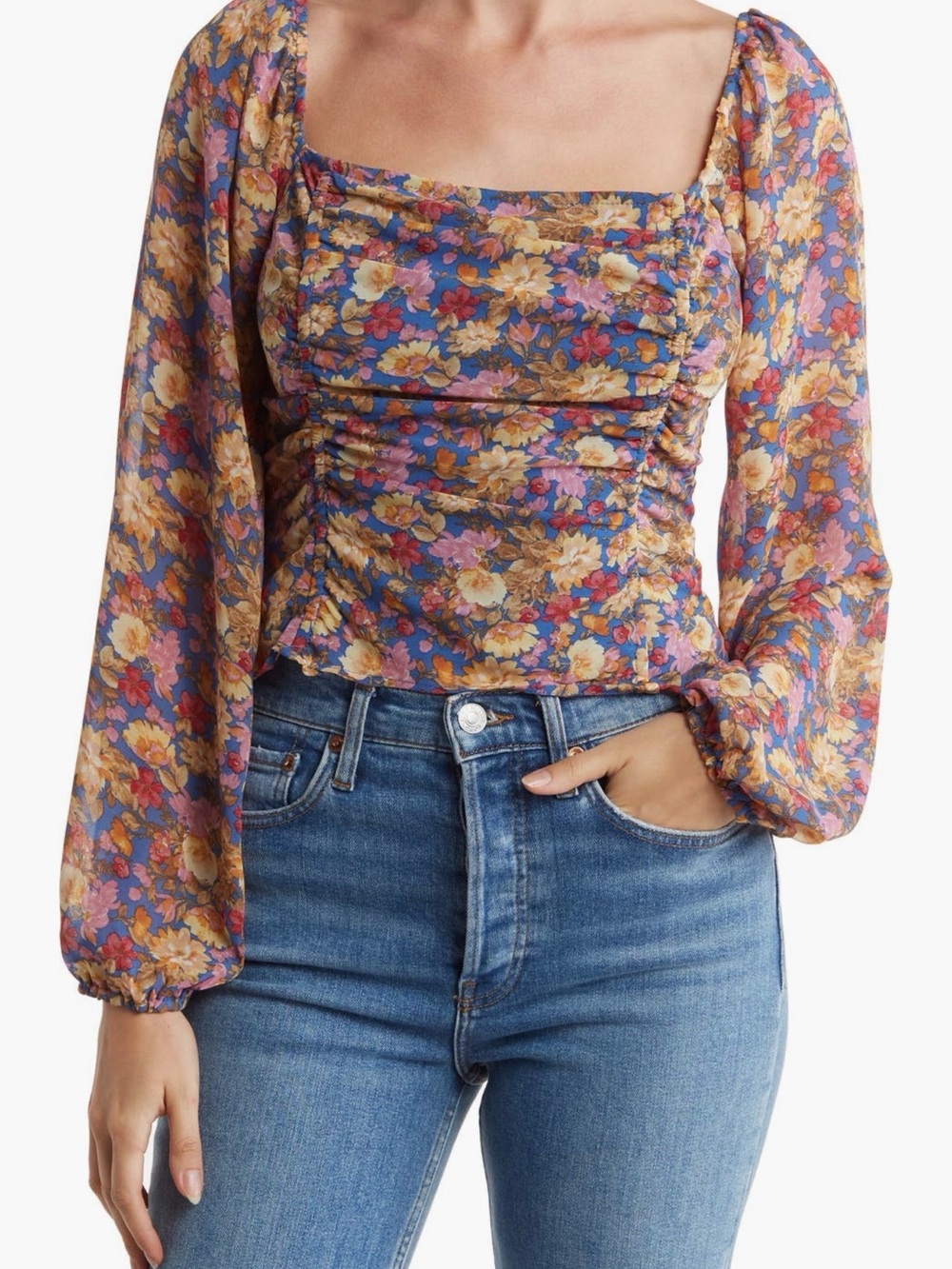 Lush Ruched Square-Neck Floral Blouse - Purple, Gold, Pink